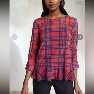 Eva Franco Belinda Top Rachel Island Plaid Red and Blue Plaid Size L